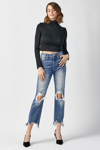 Women’s Straight Leg Jeans - High Waist - Cropped Length - Distressed Ripped Denim