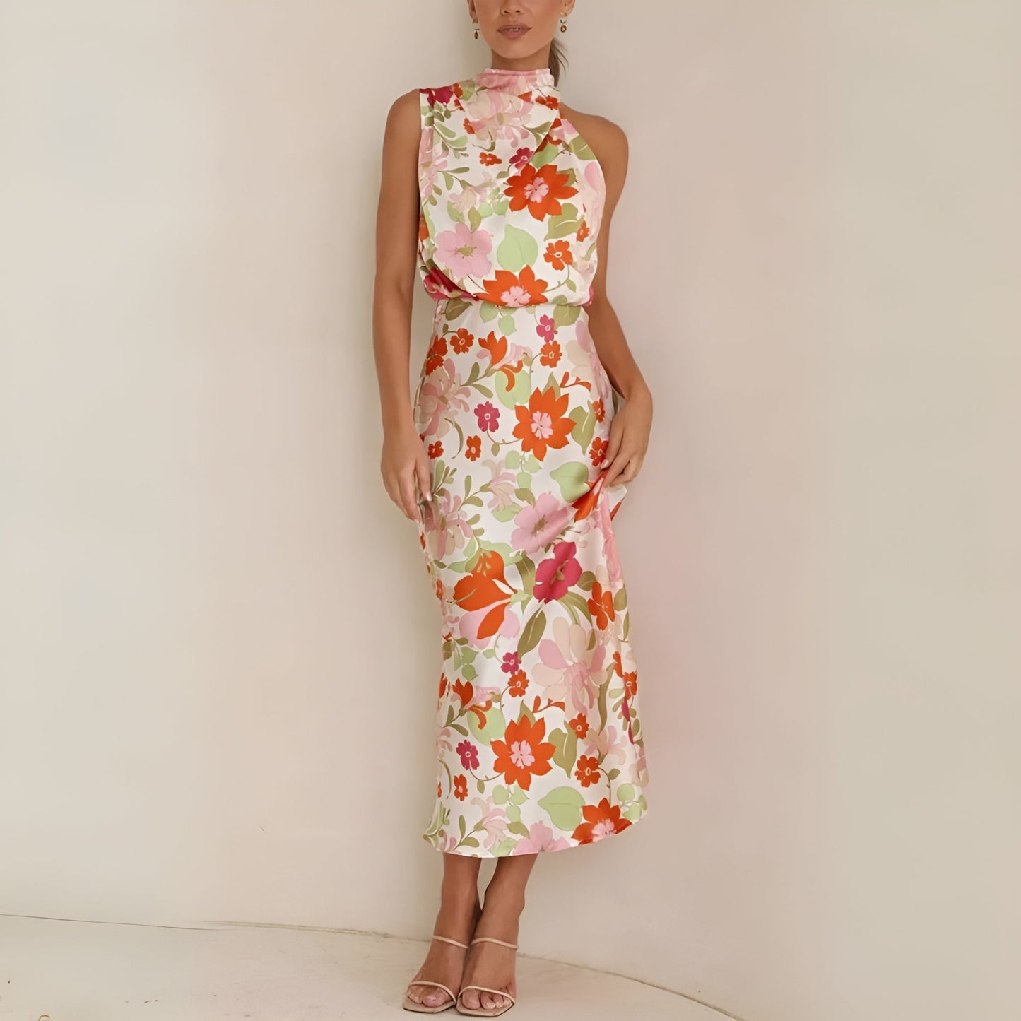 Women's Halter Midi Dress - Draped Asymmetrical Design - Elegant Floral Print