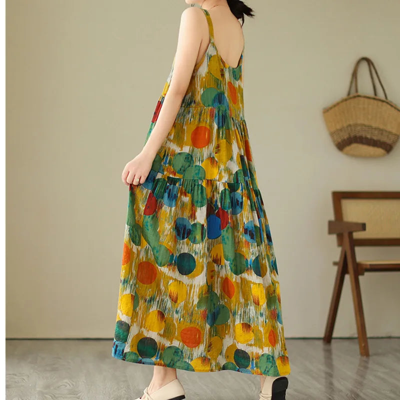 Women's Maxi Dress - Sleeveless Flowing Fit - Spaghetti Straps - Tiered Casual Wear