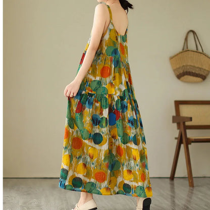 Women's Maxi Dress - Sleeveless Flowing Fit - Spaghetti Straps - Tiered Casual Wear