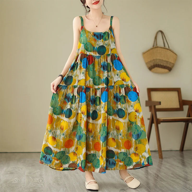 Women's Maxi Dress - Sleeveless Flowing Fit - Spaghetti Straps - Tiered Casual Wear