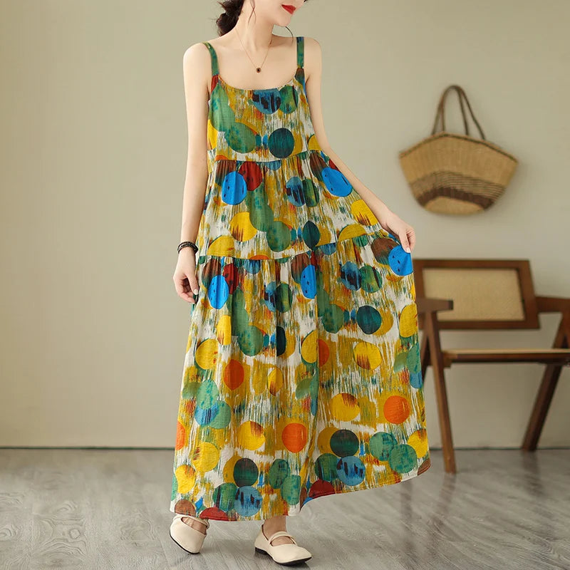 Women's Maxi Dress - Sleeveless Flowing Fit - Spaghetti Straps - Tiered Casual Wear