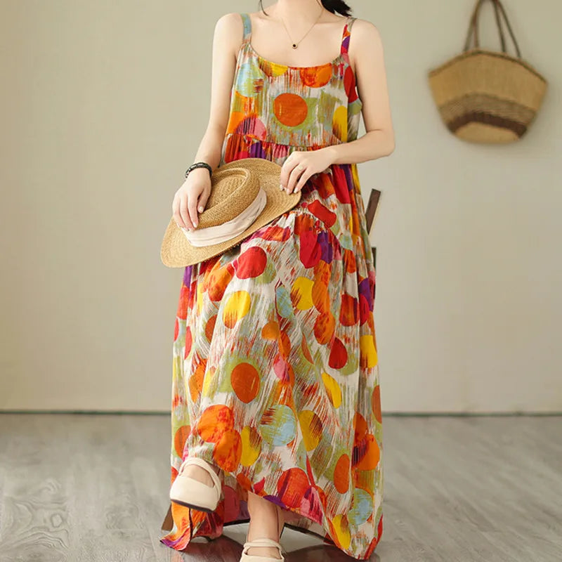 Women's Maxi Dress - Sleeveless Flowing Fit - Spaghetti Straps - Tiered Casual Wear