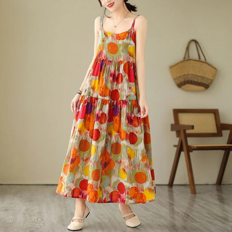 Women's Maxi Dress - Sleeveless Flowing Fit - Spaghetti Straps - Tiered Casual Wear