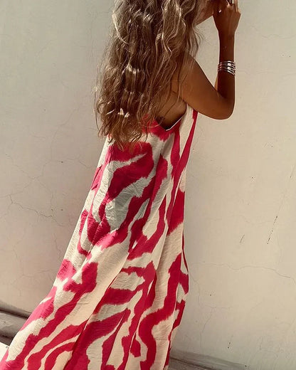 Women's Sleeveless Maxi Dress - Flowing Fit - Abstract Print - Round Neck Casual Wear
