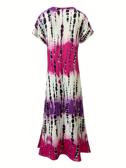Women's Maxi Dress - Tie-Dye Print - V-Neck - Short Sleeve - Flowy with Side Slits