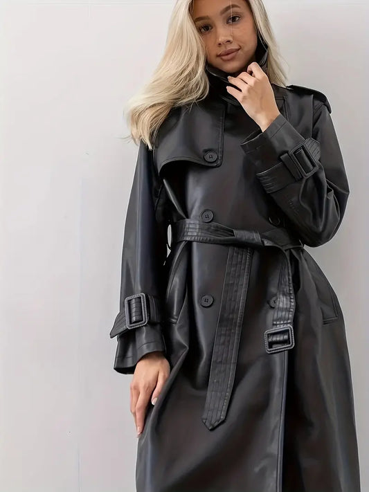 Belted Pu Leather Trench Coat