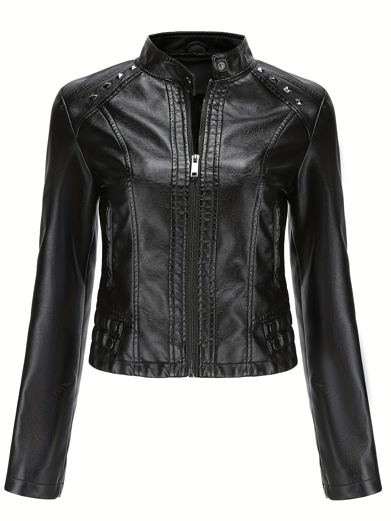 Studded moto jacket with zip closure and stand collar for women