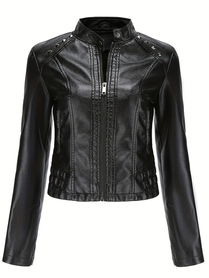 Studded moto jacket with zip closure and stand collar for women
