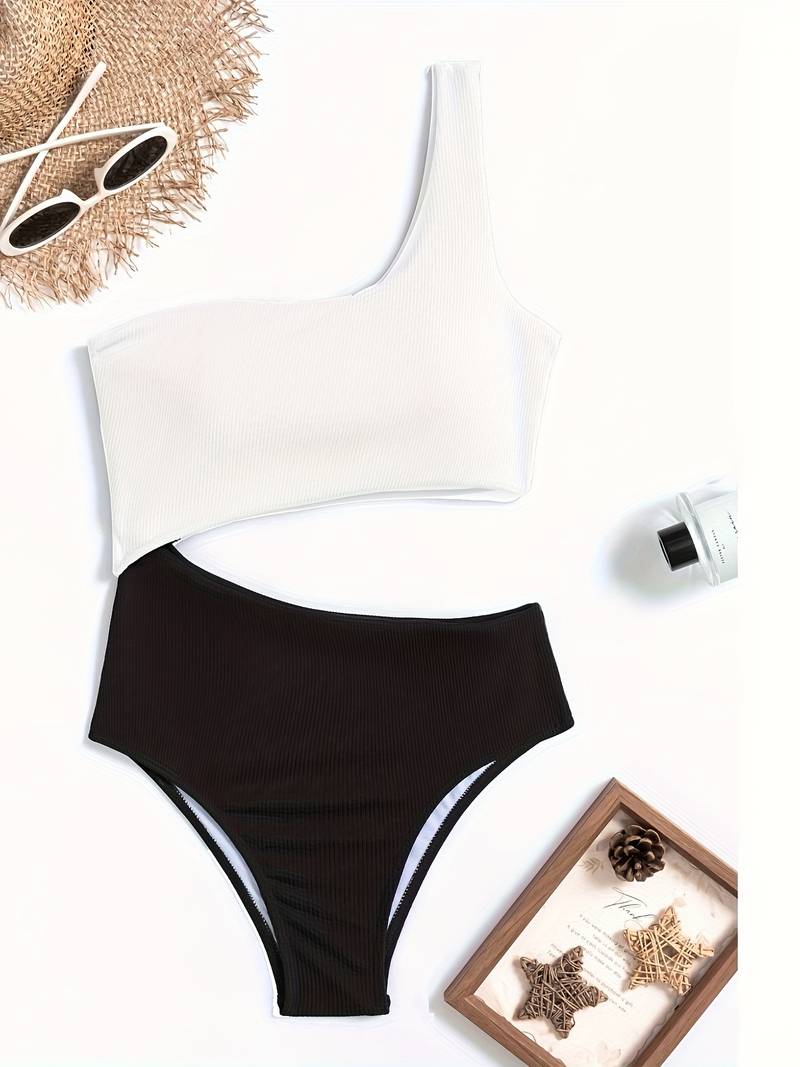 Ribbed Stretch Asymmetric Neckline Two Piece Swimsuit 