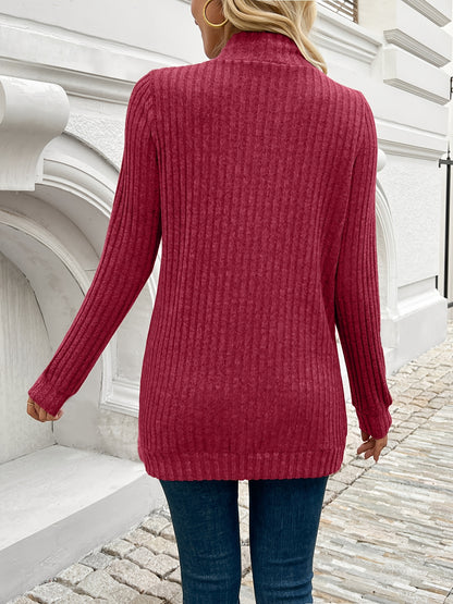 Open-front ribbed knit cardigan with long sleeves for women