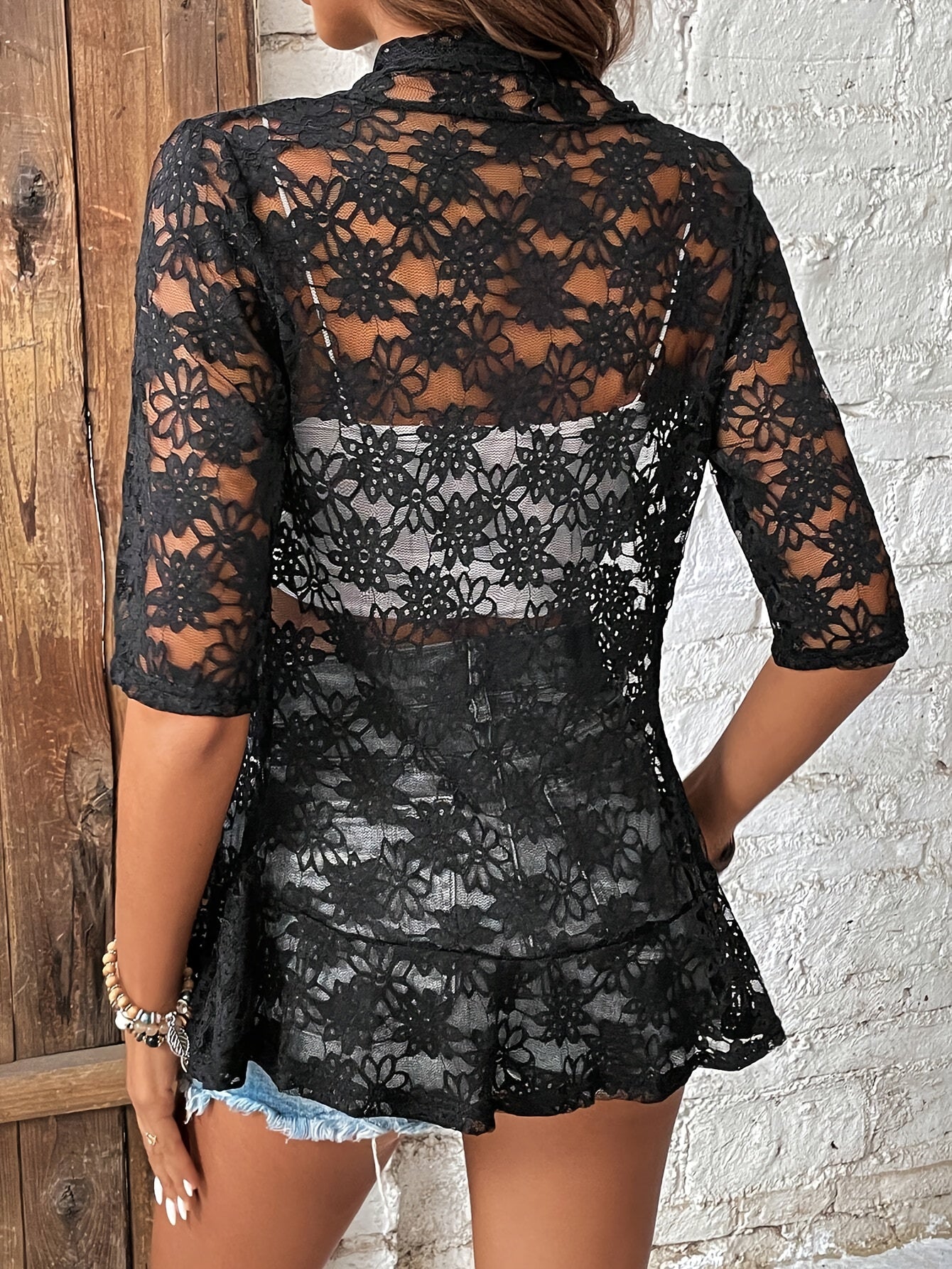 Short-sleeved floral lace hollow design cardigan for women
