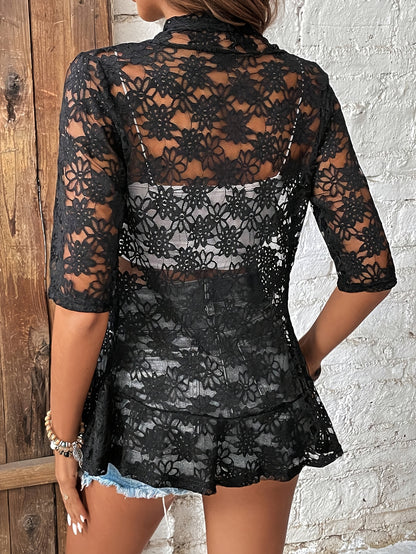 Short-sleeved floral lace hollow design cardigan for women