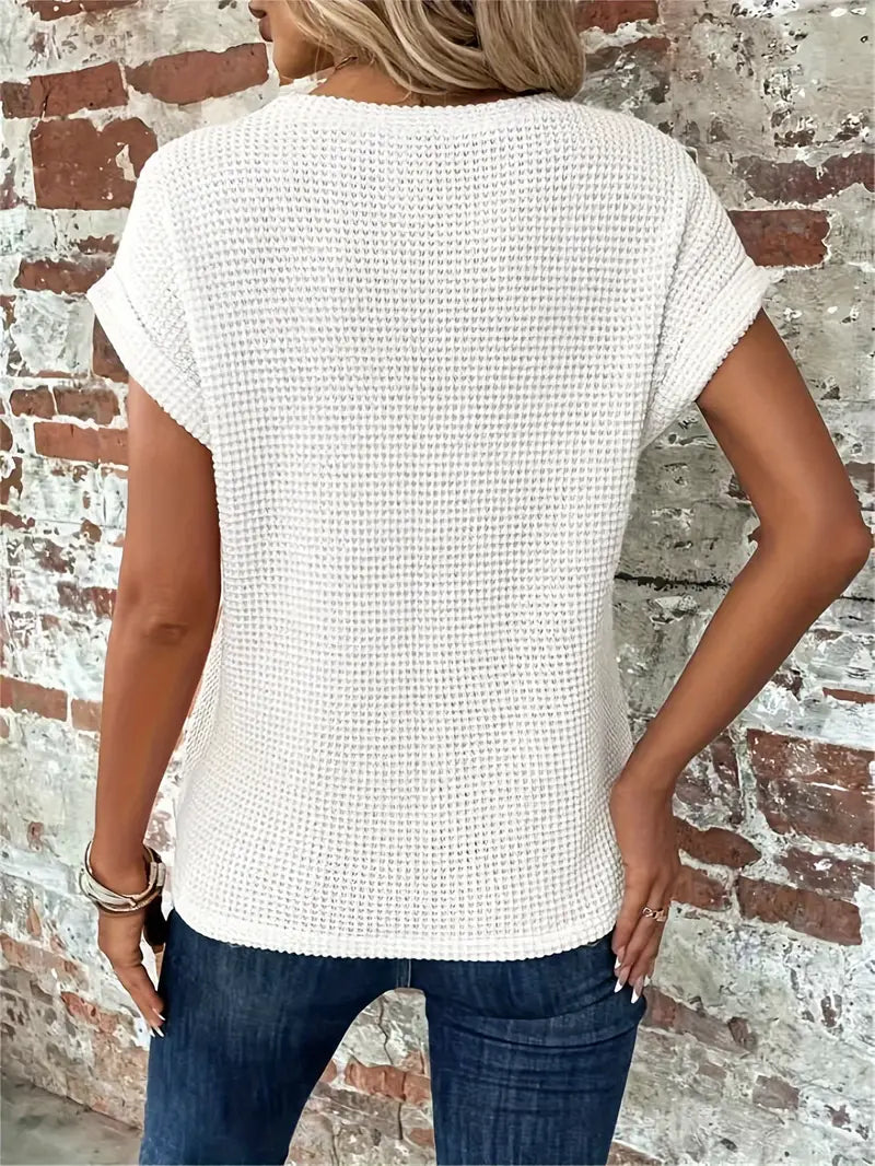 Women's Casual Top - Waffle Knit - Short Sleeve Rolled Cuff - Round Neck Relaxed Fit