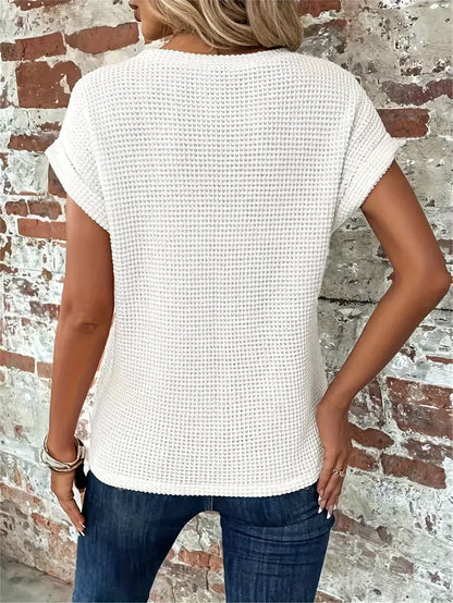 Women's Casual Top - Waffle Knit - Short Sleeve Rolled Cuff - Round Neck Relaxed Fit