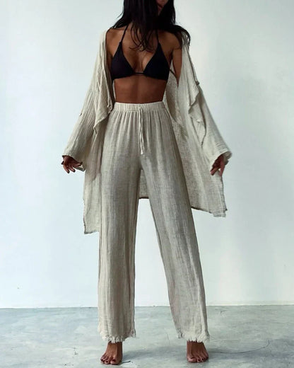 Women's Lounge Set - Lightweight Linen Blend - Open-Front Cardigan & Wide-Leg Pants