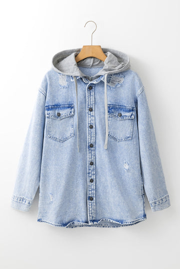 Multi-pocket denim jacket with hooded collar for women