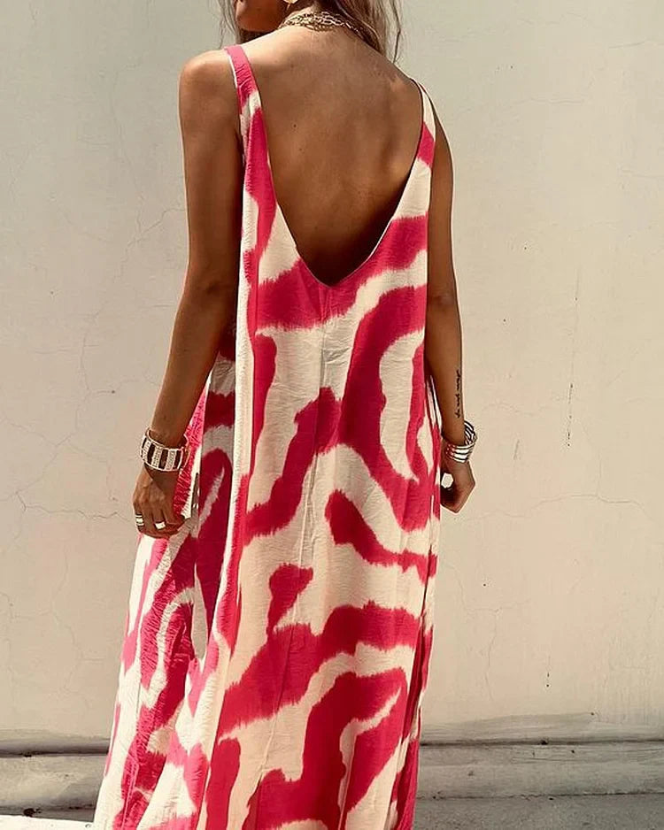 Women's Sleeveless Maxi Dress - Flowing Fit - Abstract Print - Round Neck Casual Wear