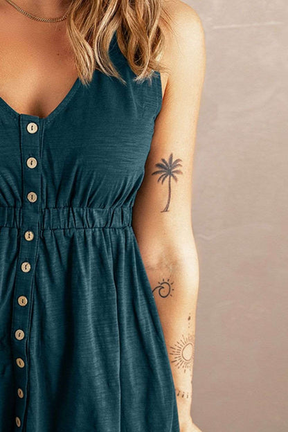 Women's Sleeveless Button-Up Mini Dress - V-Neck - Elastic Waist - Casual Fit