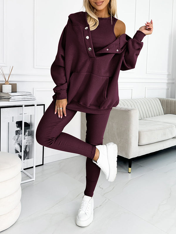 Women's athleisure hooded sweatshirt sleeveless top and leggings three-piece set