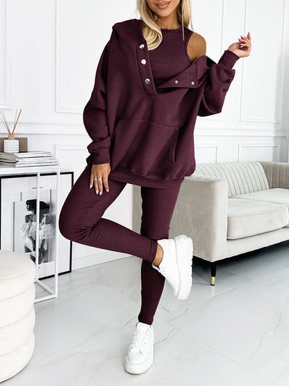 Women's athleisure hooded sweatshirt sleeveless top and leggings three-piece set