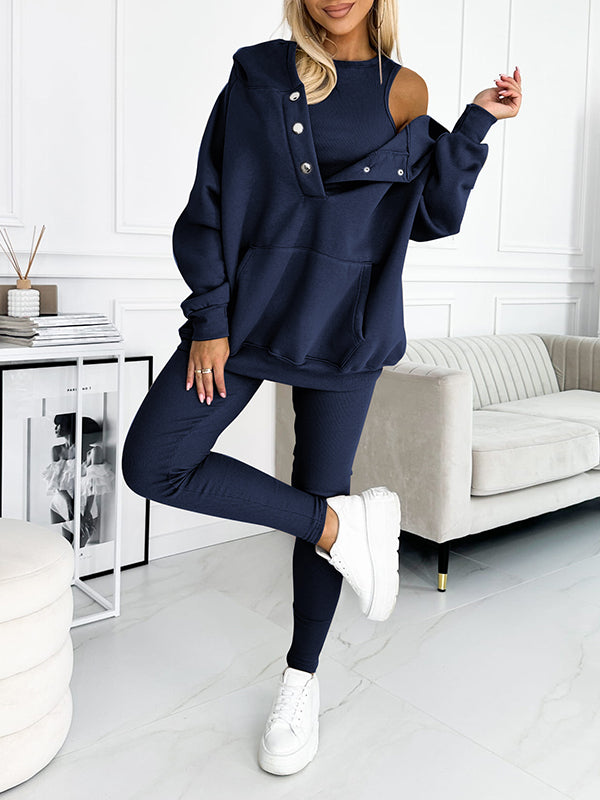 Women's athleisure hooded sweatshirt sleeveless top and leggings three-piece set