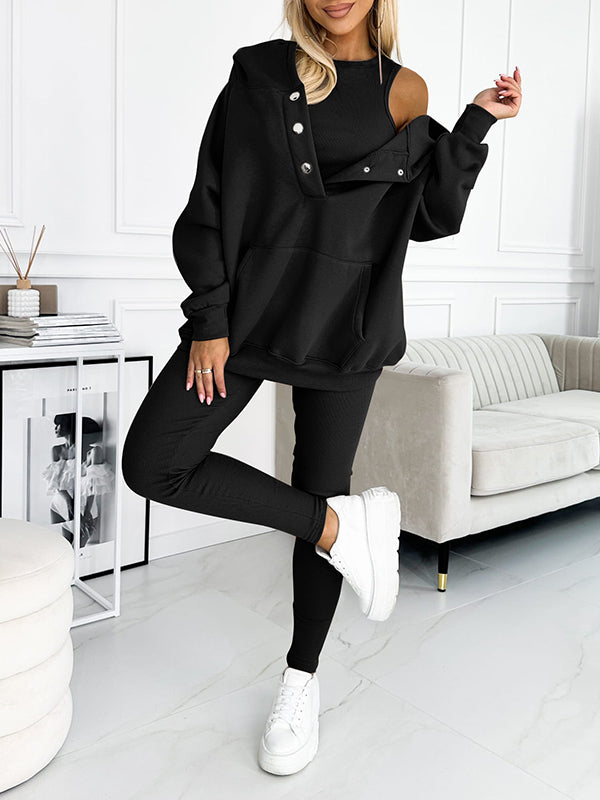 Women's athleisure hooded sweatshirt sleeveless top and leggings three-piece set