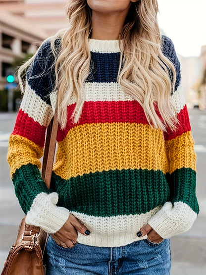 Women's rainbow stitching loose pullover sweater