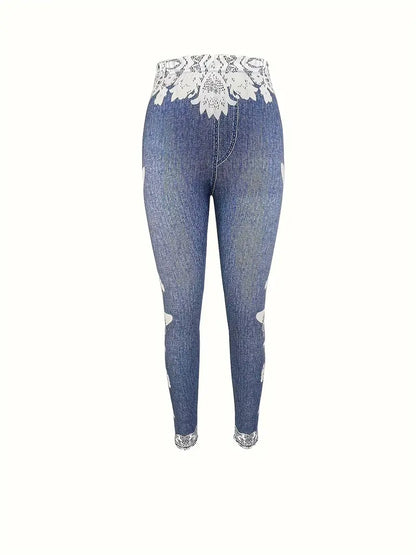 Women's Leggings - Denim Print Stretch Fit - High Waist - Lace Cuff Butterfly Detail