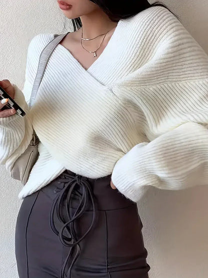 Women's loose cross one-shoulder knit sweater