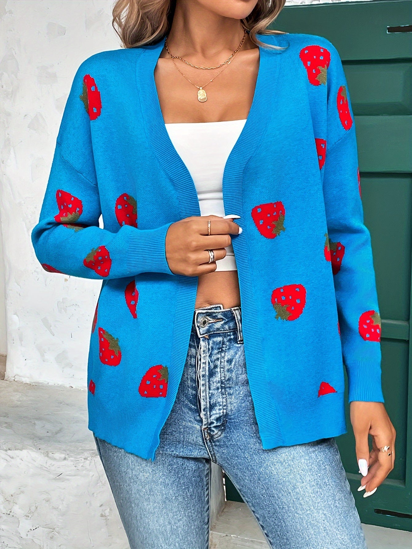 Strawberry print open-front cardigan with long sleeves and ribbed edges for women