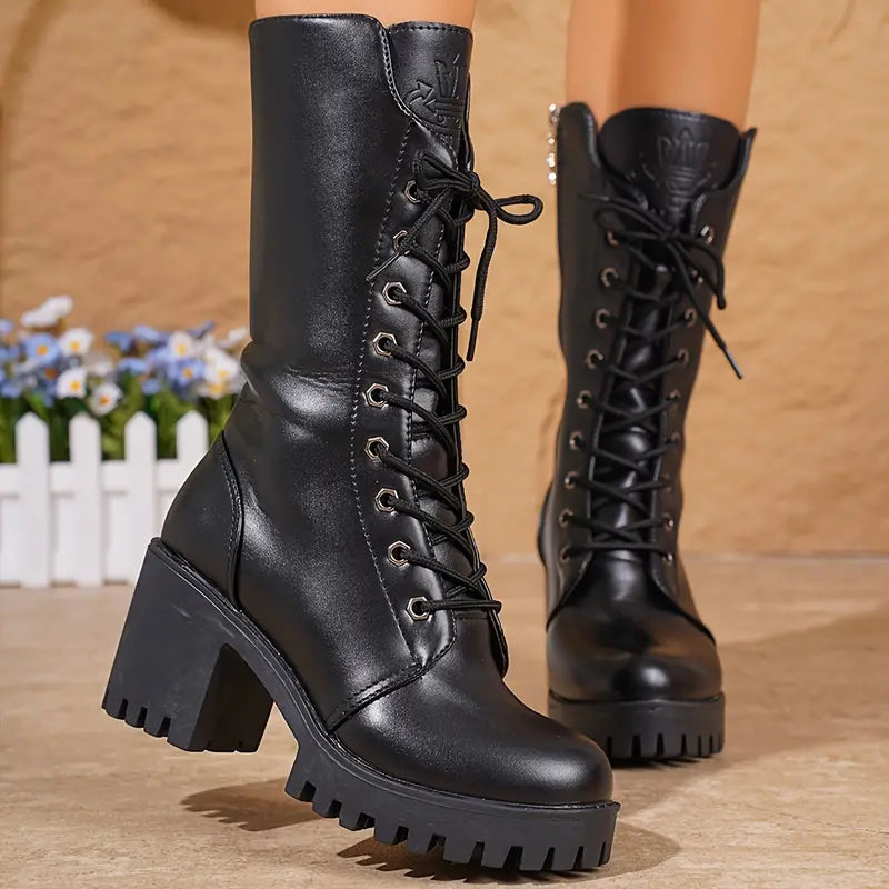 Women’s Heeled Boots – Mid-Calf Lace-Up – Chunky Block Heel – Lug Sole – Side Zipper