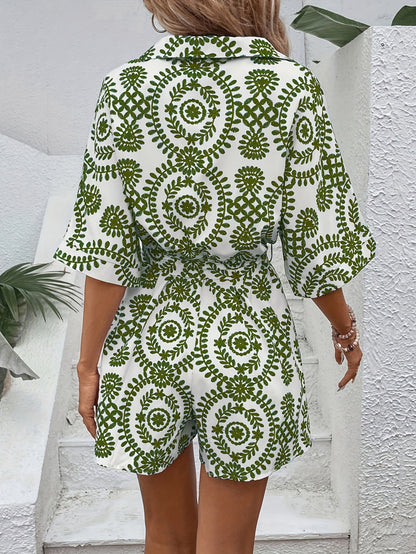 Women’s Romper - Button-Up Collared Neck - Short Sleeve - Tie-Waist Casual Wear