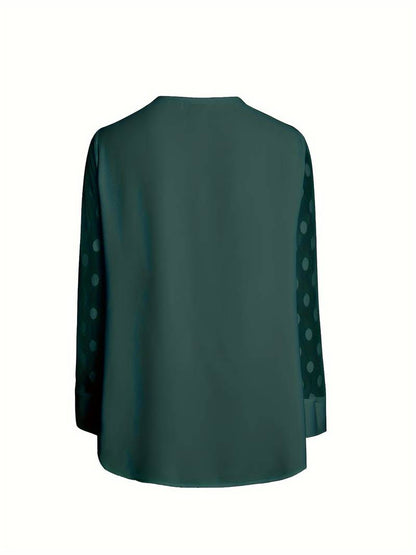 Women's Blouse - Sheer Polka Dot Sleeves - Round Neck - Relaxed Fit Stylish Wear