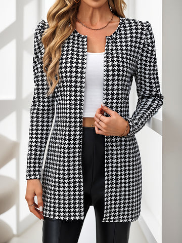 Houndstooth open front longline casual blazer cardigan for women