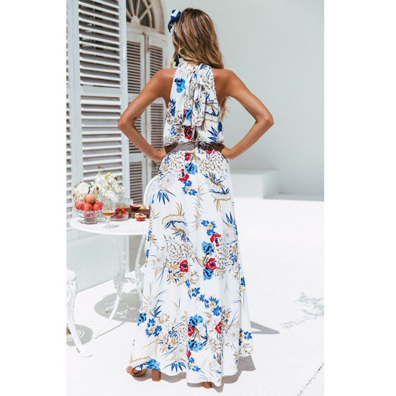 Women's Maxi Dress - Halter Neck Keyhole - Flowy Asymmetrical Skirt - Elegant Fit