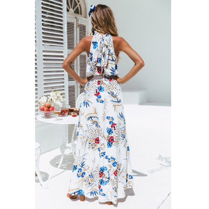 Women's Maxi Dress - Halter Neck Keyhole - Flowy Asymmetrical Skirt - Elegant Fit