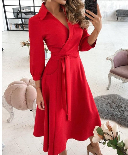 Women’s Wrap Dress - V-Neck - Fitted Waist with Tie - A-Line Silhouette - 3/4 Sleeve