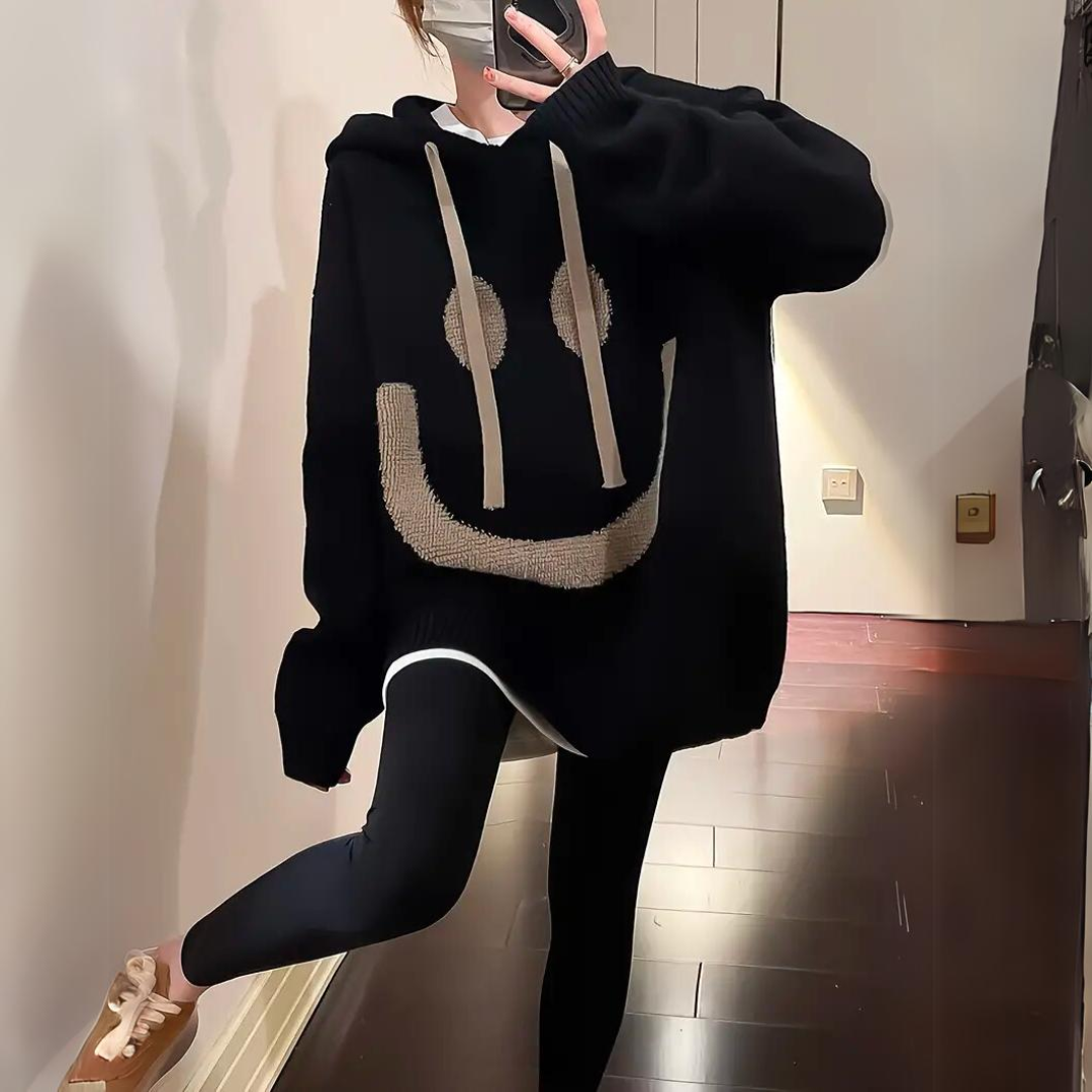Women's smiley print drawstring hooded loose sweater