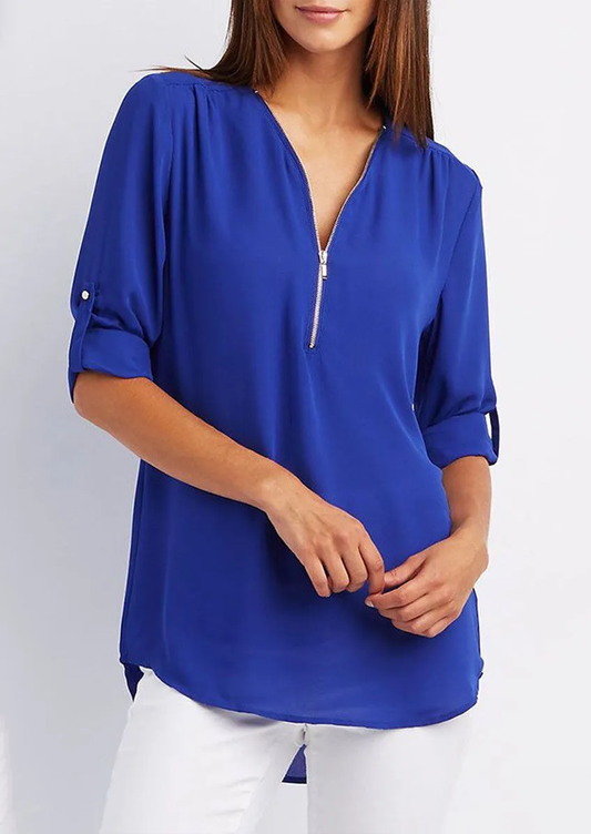 Loose Fit V-Neck Zip-Up Blouse