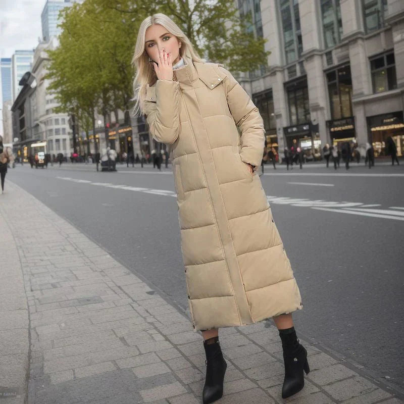 Long padded hooded winter coat jacket for women