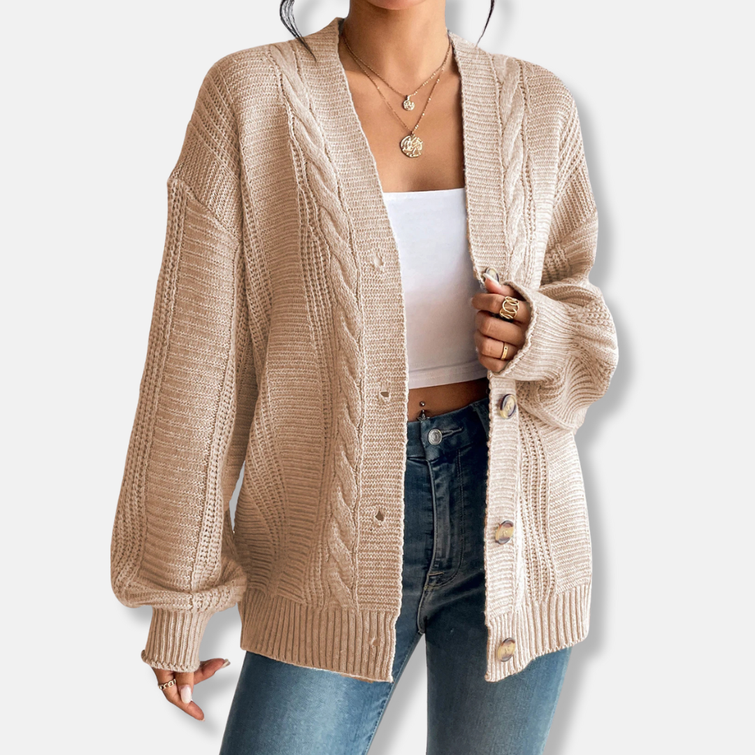 Women’s Cardigan Jacket – Wool Knit – Oversized Fit – Cable Pattern – Button Front