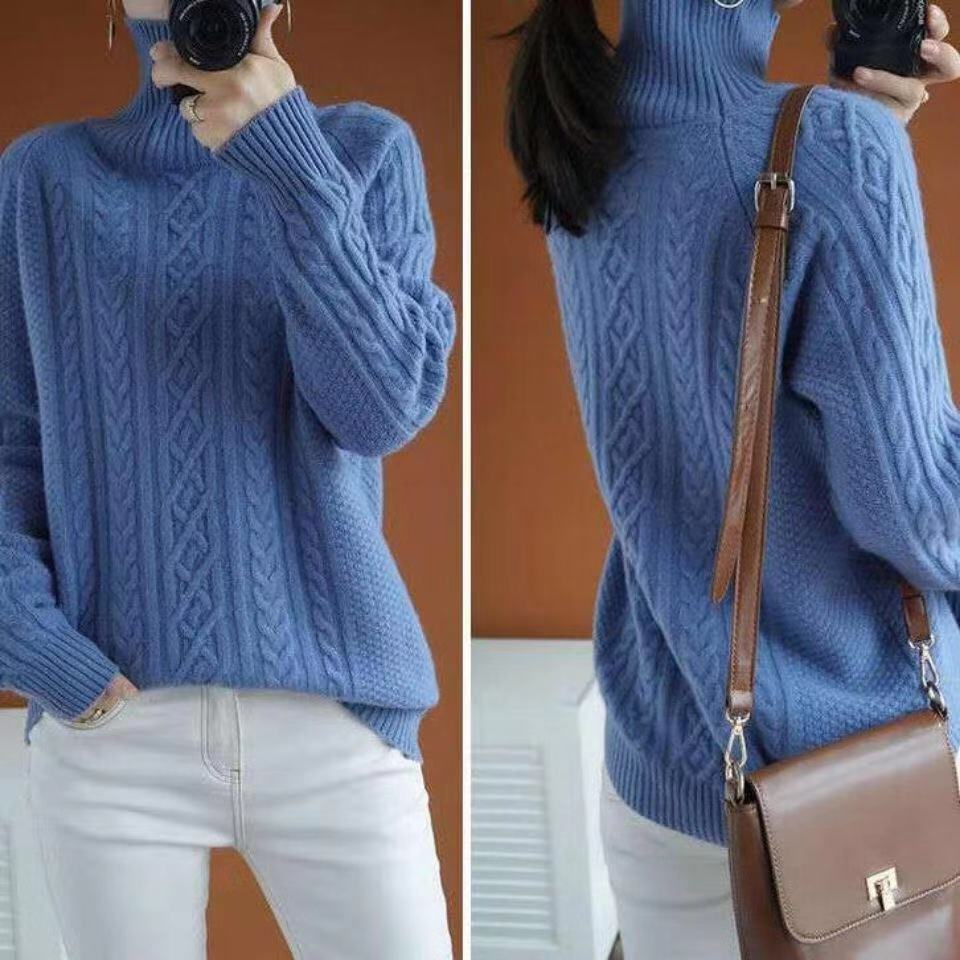 Autumn/winter women's cable knit turtleneck pullover sweater