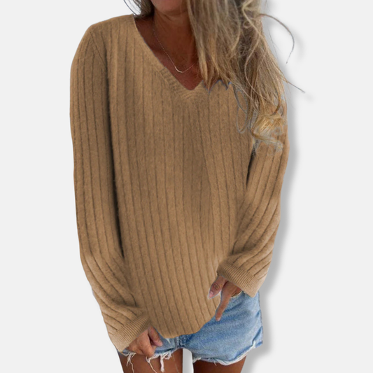 Isla Slim Fit Pullover Sweater | V-Neck Ribbed Long Sleeve Sweater