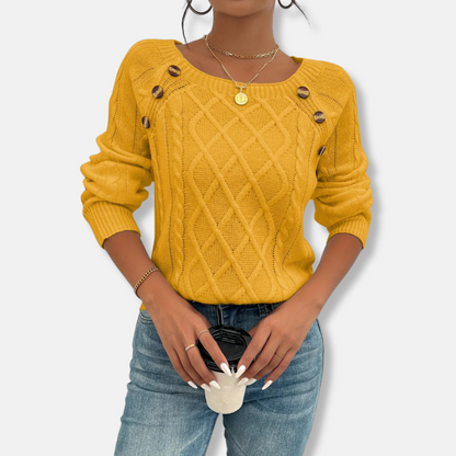 Women’s Knit Top – Relaxed Fit – Cable Knit Texture – Dropped Shoulder – Button Detail