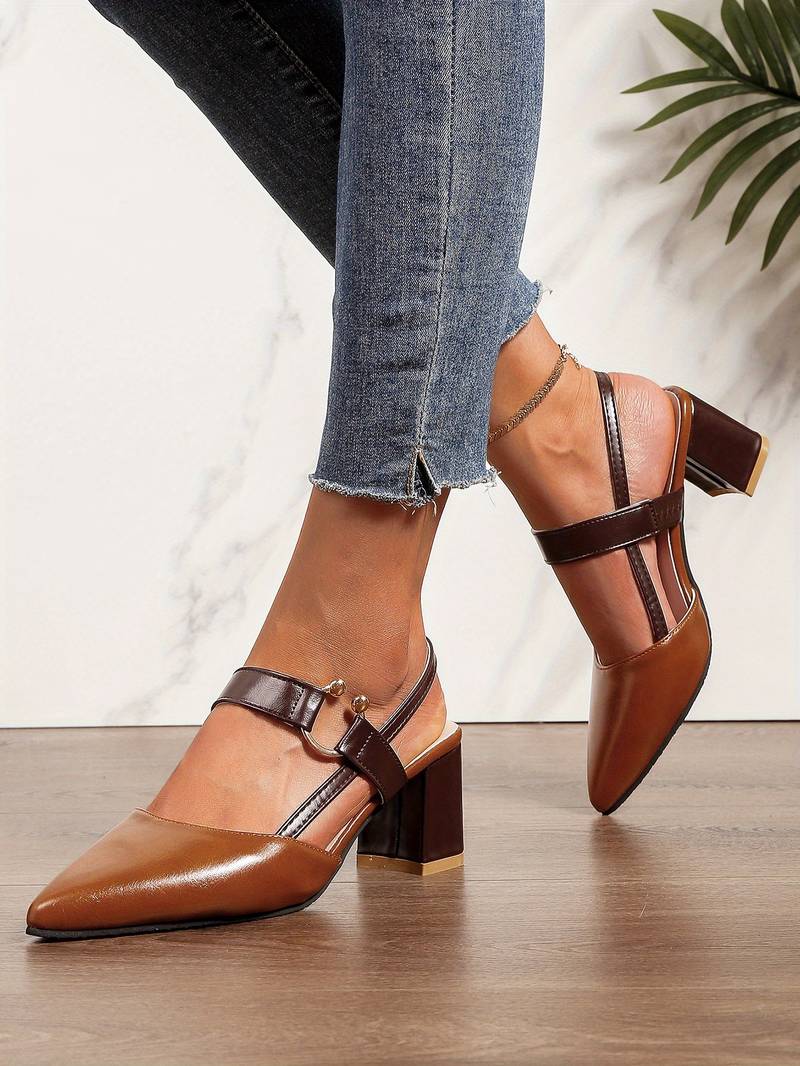Women's Slingback Heels - Pointed Toe - Block Heel - Adjustable Strap Elegant Design