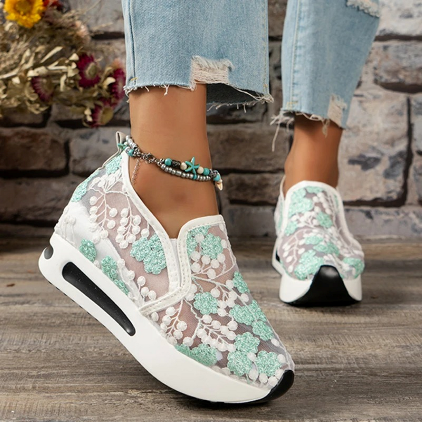 Women's Slip-On Sneakers - Floral Lace Mesh - Platform Sole - Cushioned Air Support