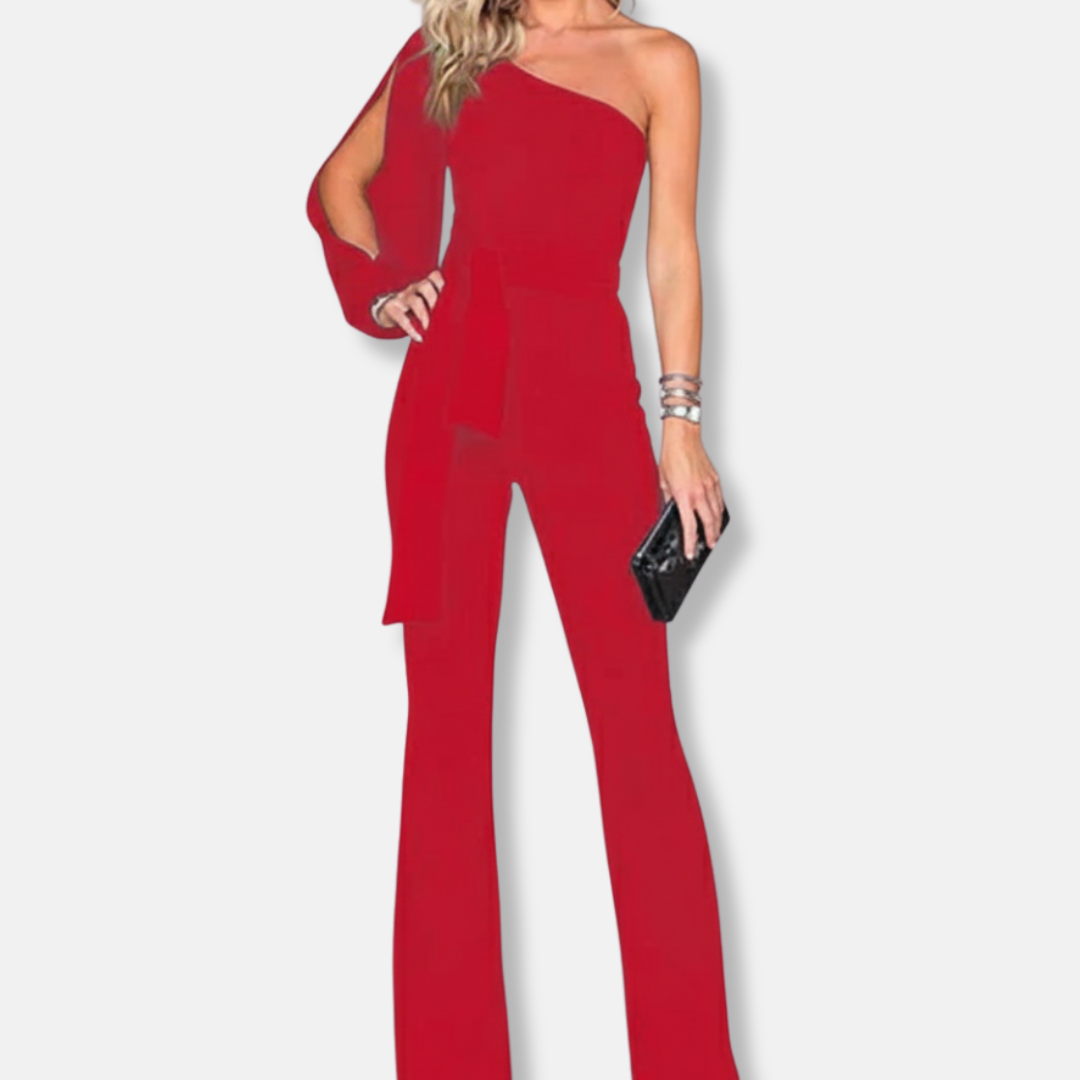 Women’s Elegant Overall - One Shoulder - Slim Fit - Belted Waist - Flared Leg