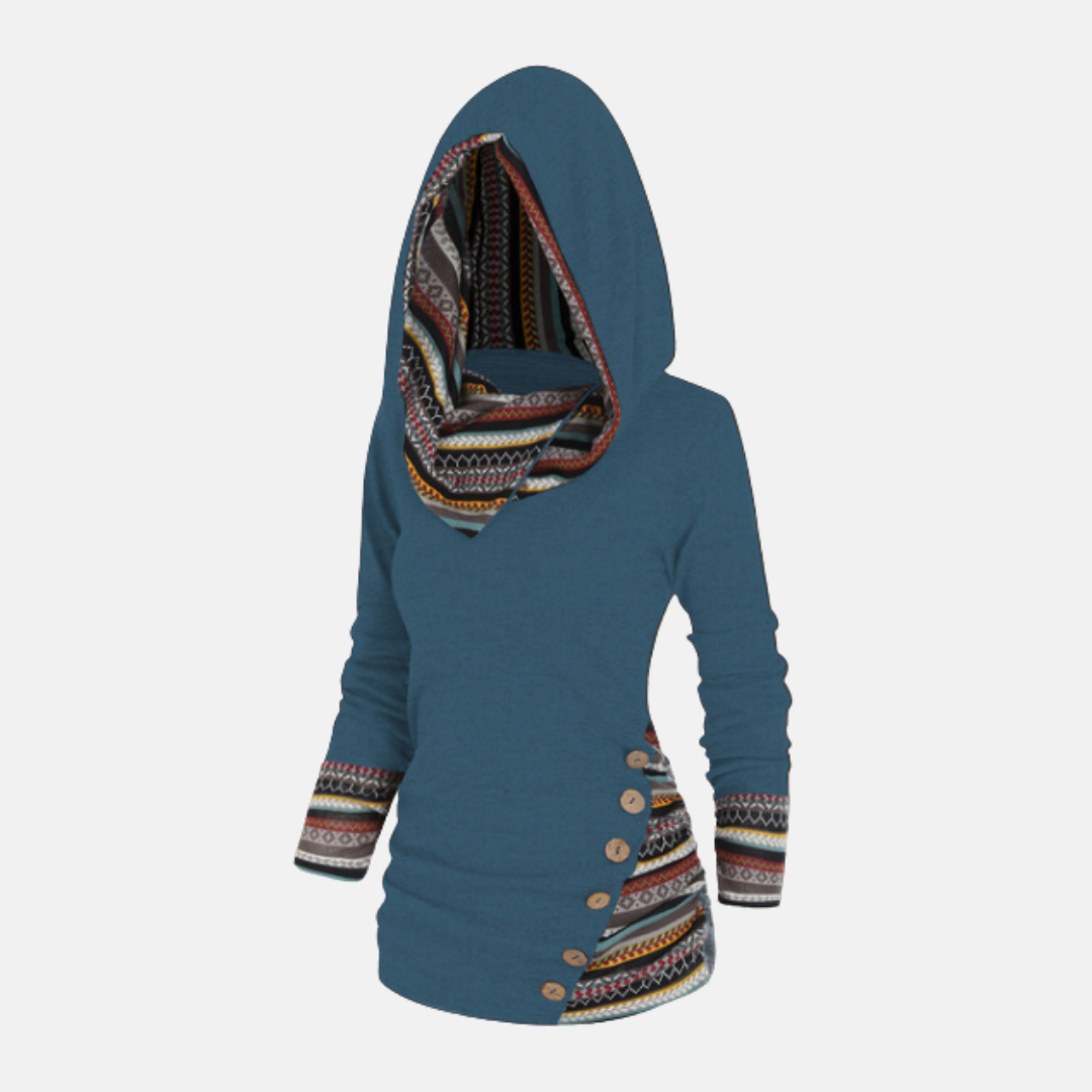 Women’s Hooded Top – Knit Fabric – Fitted Silhouette – Tribal Pattern Accents