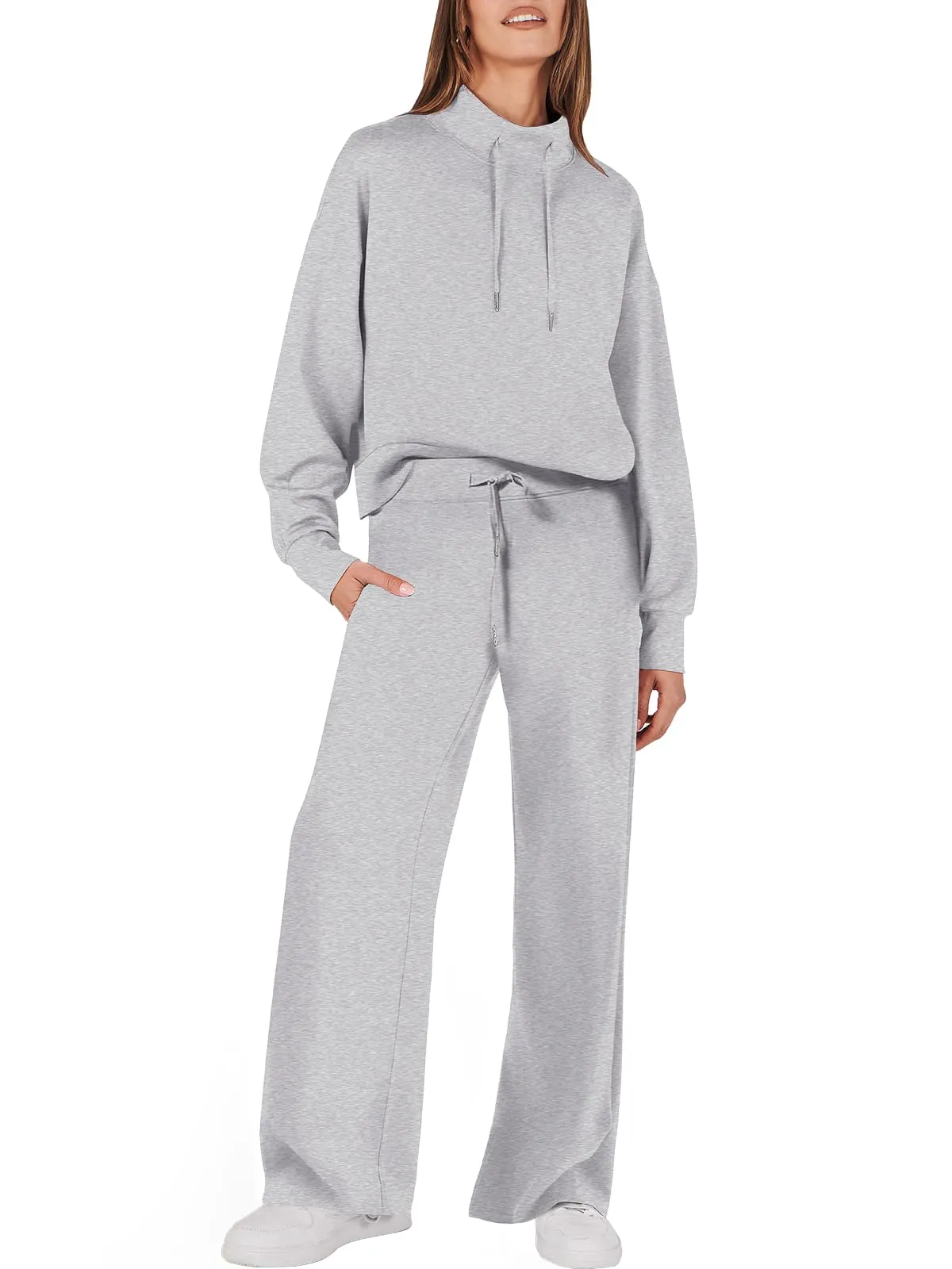 Women's chic mock drawstring sweatshirt and wide leg pants set